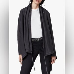 AllSaints Ivy Drape Cardigan  Medium Washed Black Asymmetric Hem Drawstring